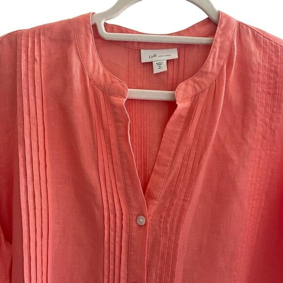 J Jill Love Linen Peach Pink Popover Button Up Tunic Shirt Top Size Medium Tall - Picture 2 of 5